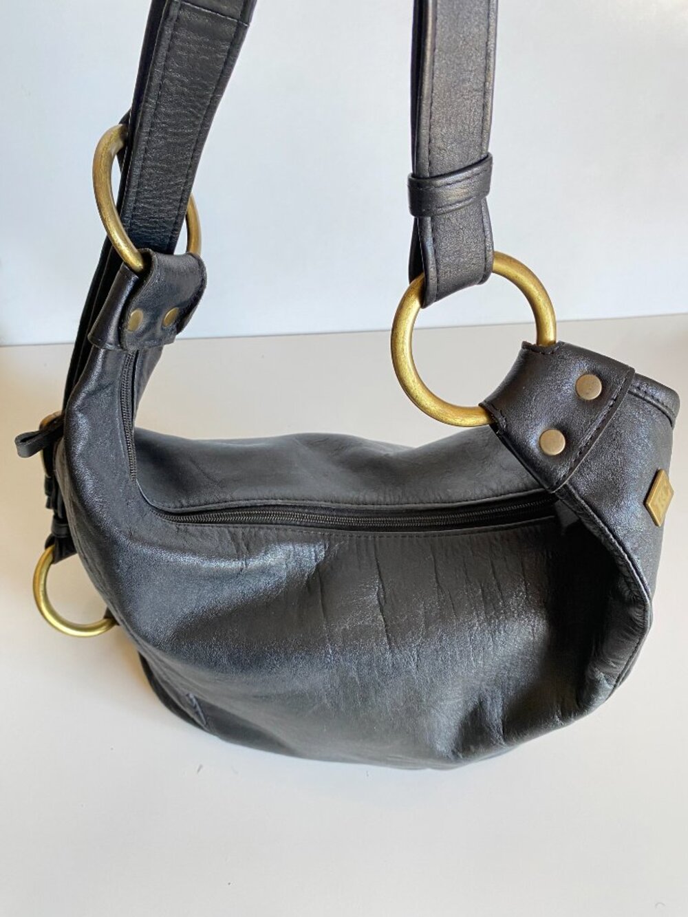 Vintage BC Black Convertible Leather Hobo Bag Shoulder, Backpack Boho - Picture 12 of 15